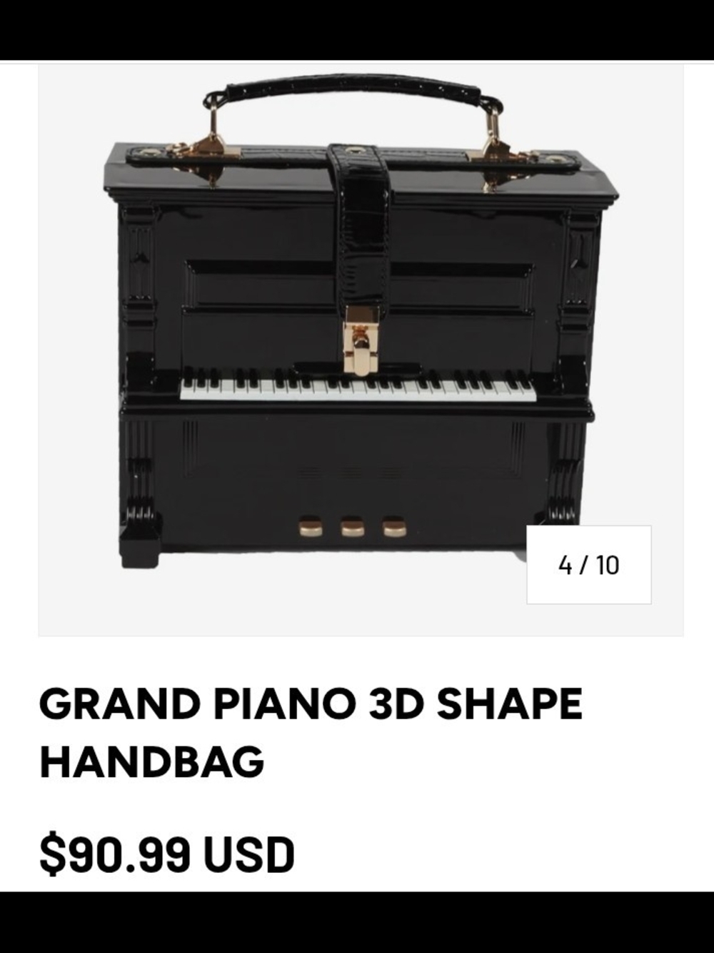 New Grand Piano 3D Shape Handbag - Black with Gold Hardware